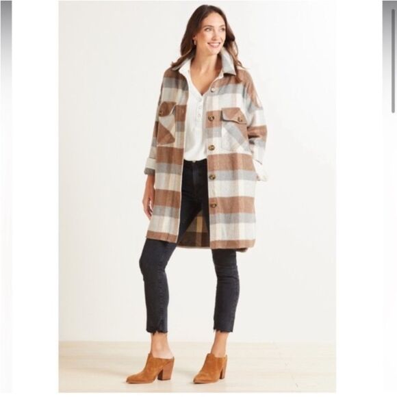 Evereve Cozy Brown Blue Plaid Collared Long Blazer Shaket Transitional size L - Picture 1 of 10
